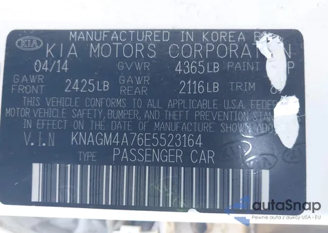 2014 Kia Optima Lx z USA, uszkodzony, nr VIN KNAGM4A76E5523164